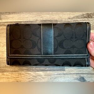 Coach Signature Black Canvas Leather Checkbook Wallet Organizer Snap Closure